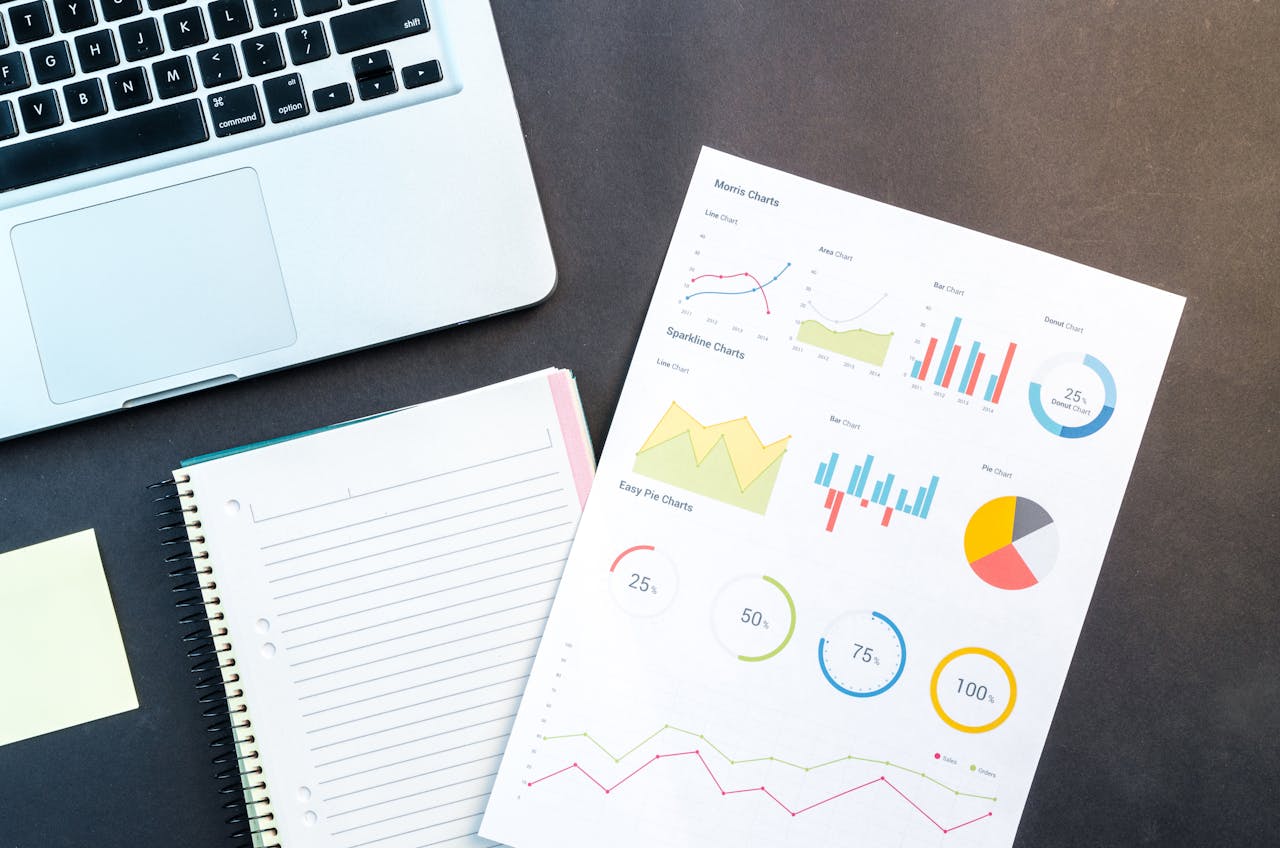Home Flatlay of business report with colorful charts, a notebook, and a laptop for data analysis on a desk.