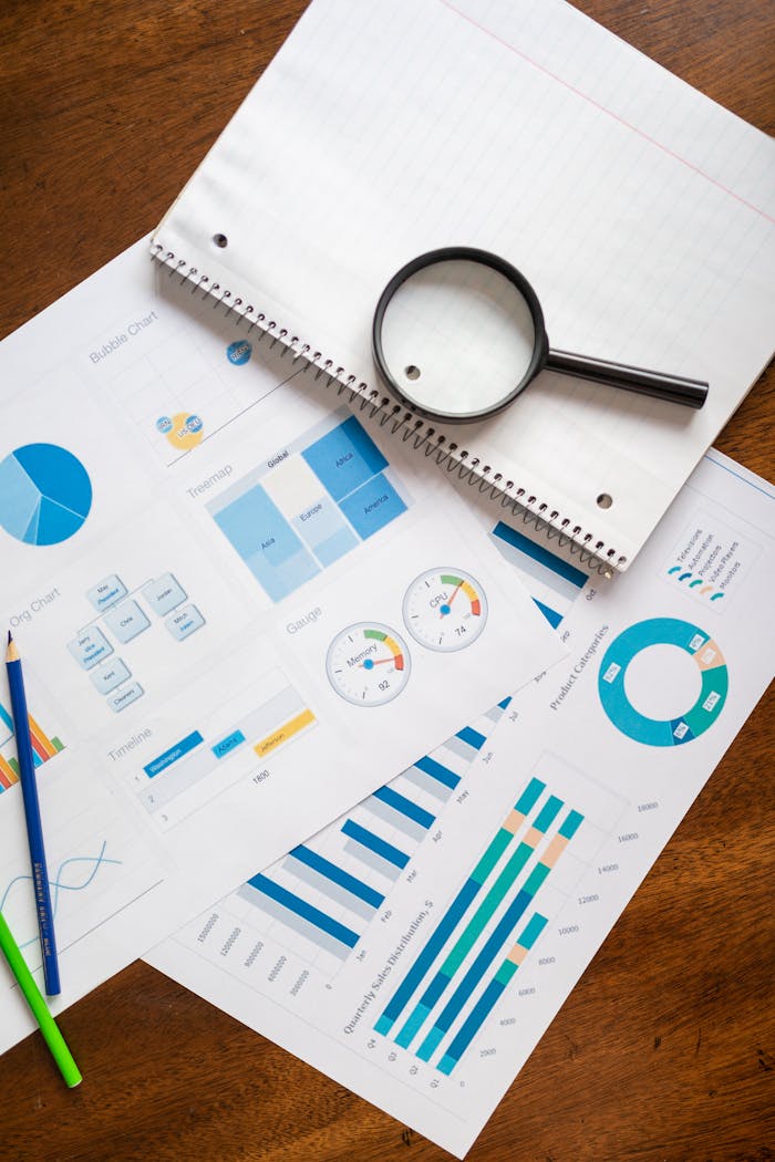 Home A set of financial charts and graphs with a magnifying glass, perfect for business reports.